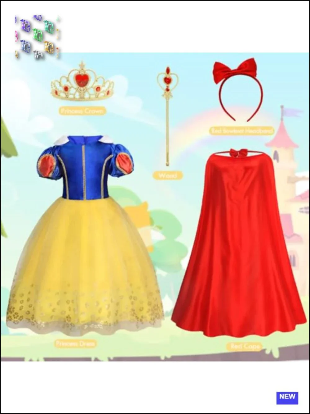 Kids Princess Dress Up Costume with Cape Crown and Wand for Halloween Party